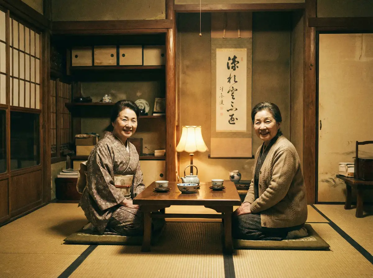 两位优雅的 暗网-暗网影视最新原创与精选视频 在日式茶室中品茶交谈